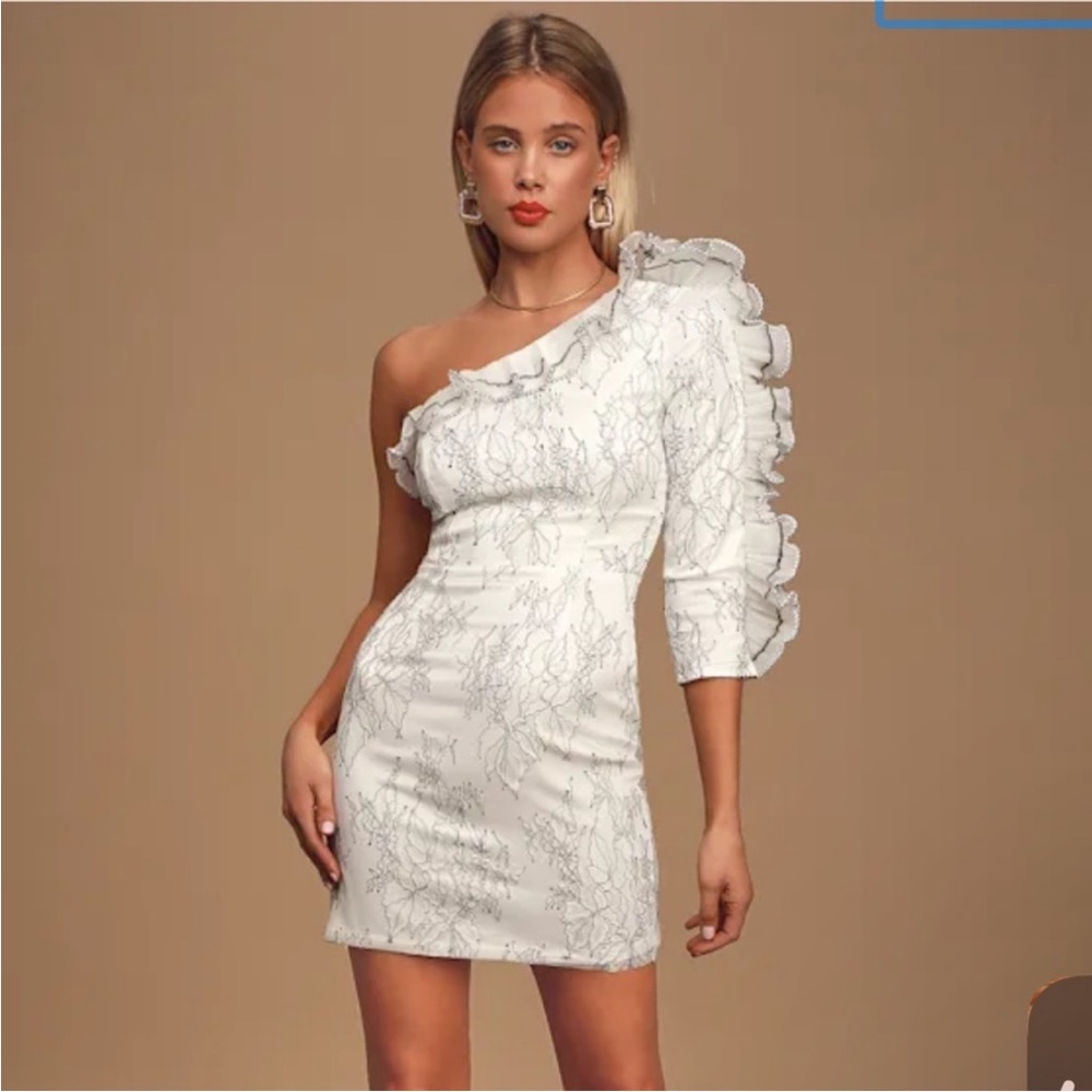 Lulu's Friller Queen White Lace One-Shoulder Ruffled Mini Dress
